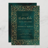 Vintage Gold & Green Velvet Nuestra Boda Wedding 招待状 (正面/裏面)