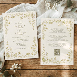 Vintage Gold & Ivory Cream French Floral Wedding 招待状