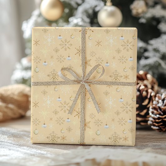 Vintage Gold Ornament & Snowflake Holiday ラッピングペーパー