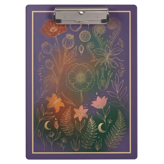 Vintage Gold Poppy & Fern Dark Botanical Office クリップボード (正面)