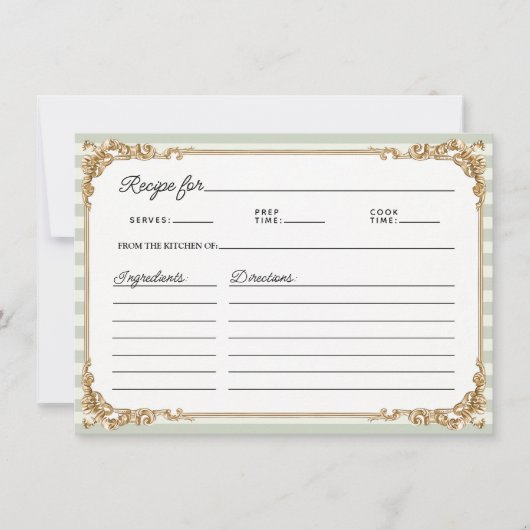 Vintage Gold Sage stripe Bridal Shower Recipe Card (正面)