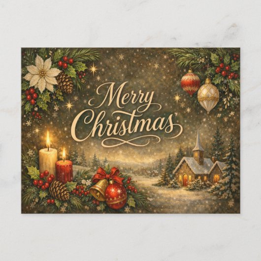 Vintage Gold Script Winter Merry Christmas  シーズンポストカード (正面)