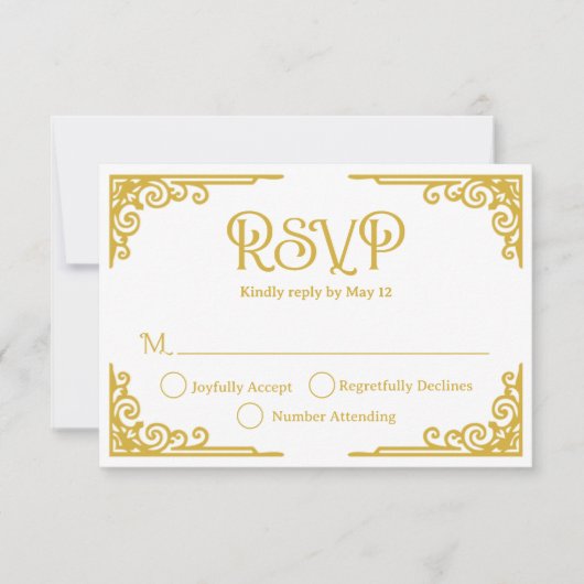 Vintage Gold White Wedding  出欠カード (正面)