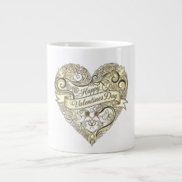 Vintage Golden Floral Heart Valentine's Day ジャンボコーヒーマグカップ