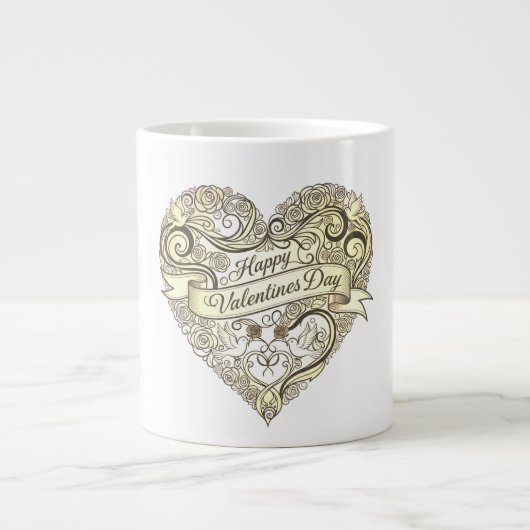 Vintage Golden Floral Heart Valentine's Day ジャンボコーヒーマグカップ (正面)