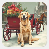 Vintage Golden Retriever Christmas Carriage Illust スクエアシール (正面)