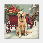 Vintage Golden Retriever Christmas Carriage Illust マグネット (正面)