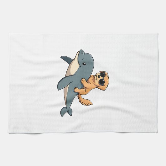 Vintage Golden Retriever Riding Beluga Whale Funny キッチンタオル (横)