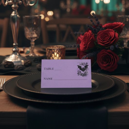 Vintage Gothic Black Toile Bat Purple Wedding プレイスカード