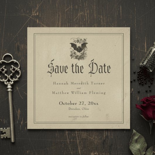 Vintage Gothic Black Toile Bat Tan Wedding セーブザデート