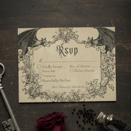 Vintage Gothic Black Toile Bat Tan Wedding 出欠カード