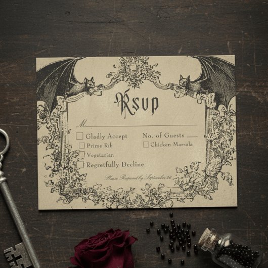 Vintage Gothic Black Toile Bat Tan Wedding 出欠カード