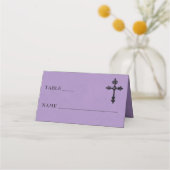 Vintage Gothic Black Toile Cross Purple Wedding プレイスカード (正面)