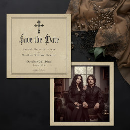 Vintage Gothic Black Toile Cross Tan Photo Wedding セーブザデート
