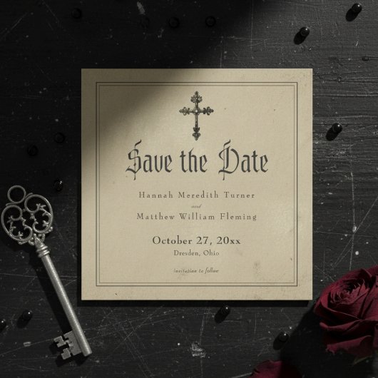 Vintage Gothic Black Toile Cross Tan Wedding セーブザデート