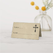 Vintage Gothic Black Toile Cross Tan Wedding プレイスカード (正面)