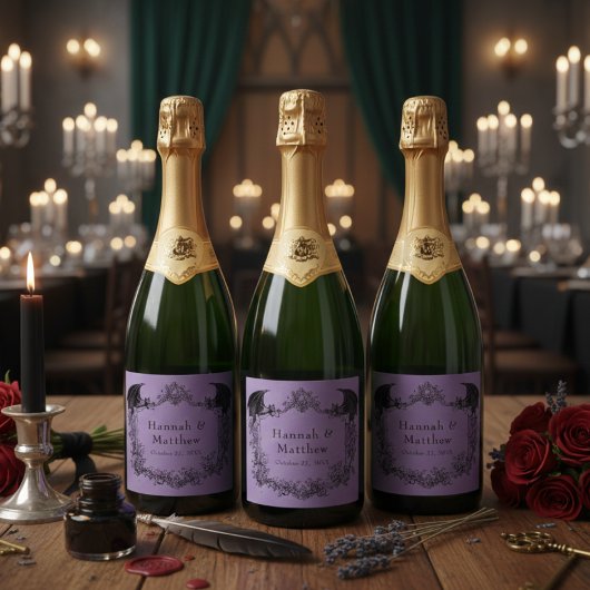 Vintage Gothic Black Toile Purple Bat Wedding スパークリングワインラベル