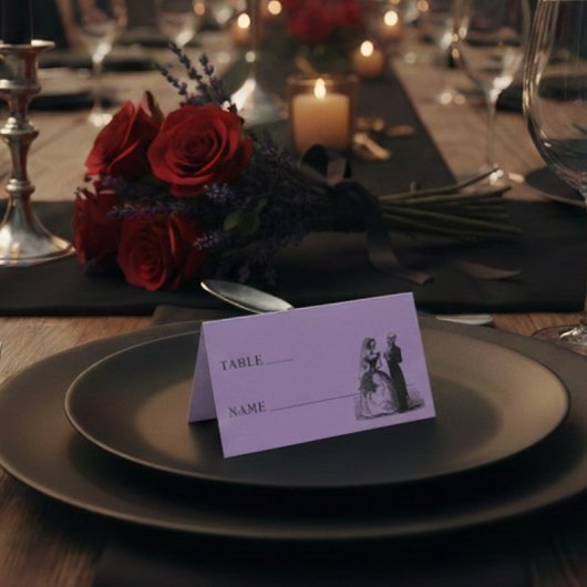 Vintage Gothic Black Toile Skeleton Purple Wedding プレイスカード