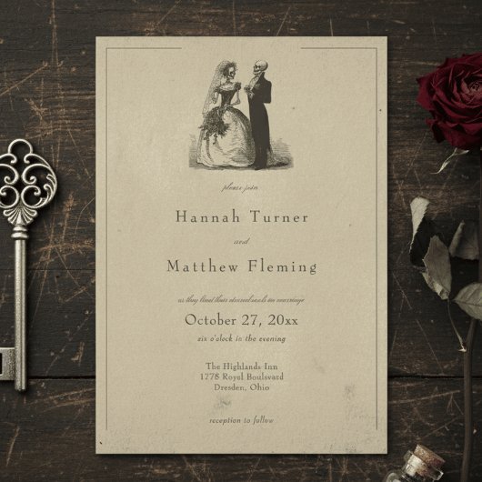 Vintage Gothic Black Toile Tan Wedding 招待状