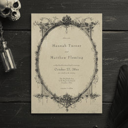Vintage Gothic Black Toile Tan Wedding 招待状