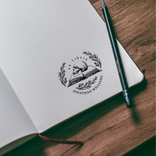 Vintage Gothic Skull Leaves Ex Libris Library ラバースタンプ