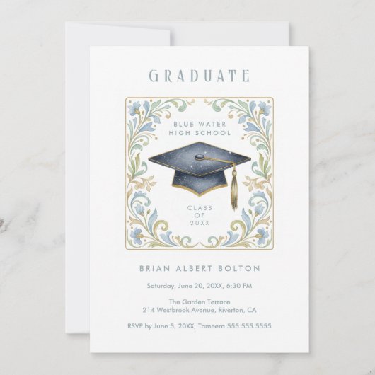 Vintage Graduate Cap with Floral Frame 招待状 (正面)