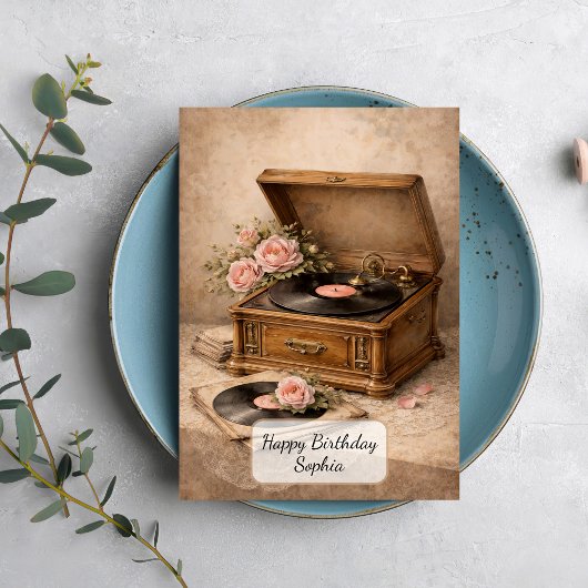 Vintage Gramophone with Roses カード