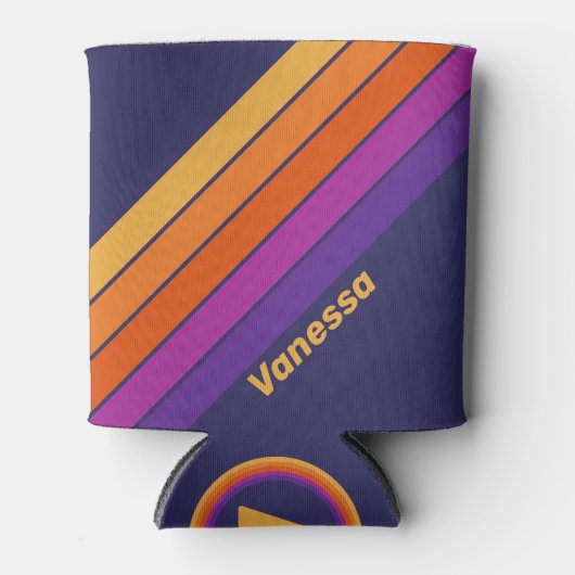 Vintage Grape Rainbow Stripes with Name 缶クーラー (正面)