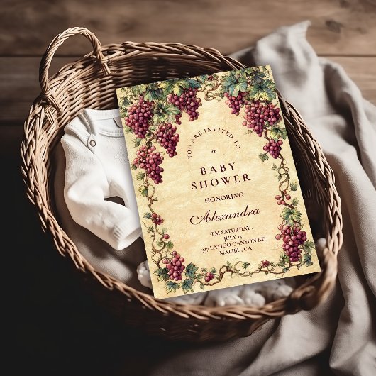 Vintage Grape Vineyard Botanical Baby Shower 招待状