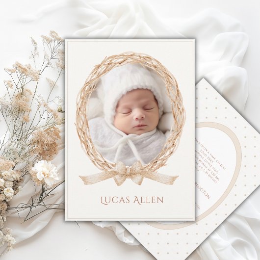 Vintage Grapevine Neutral Birth Announcement 招待状