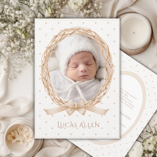 Vintage Grapevine Neutral Birth Announcement 招待状