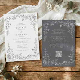 Vintage Gray All in One French Floral Wedding 招待状
