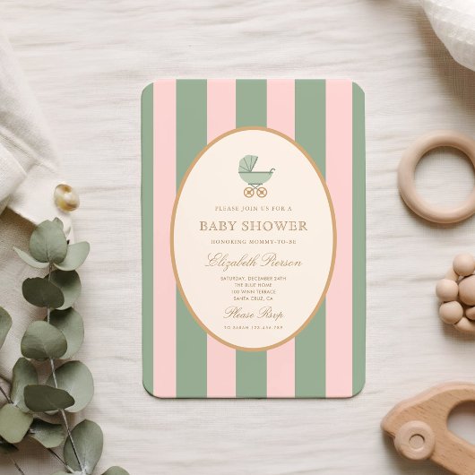 Vintage Green and Pink Striped Baby Shower   招待状