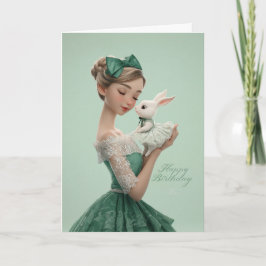 Vintage Green BDay Card with Elegant Lady & Bunny カード