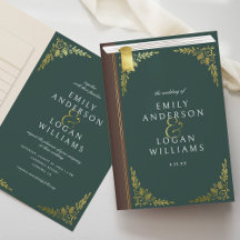 Vintage Green Book Gold Floral Folded Wedding