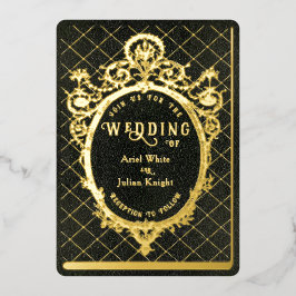 Vintage Green Bookish Ornate Frame Wedding Gold 箔招待状