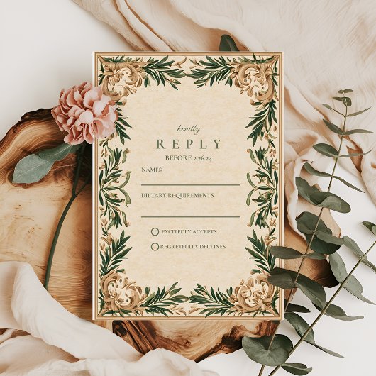 Vintage Green Botanical Wedding 出欠カード