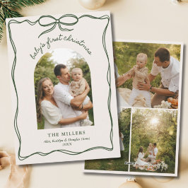 Vintage Green Bow Baby's 1st Christmas Family Holi シーズンカード