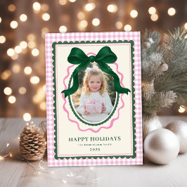 Vintage Green Bow Pink Plaid Christmas Photo シーズンカード