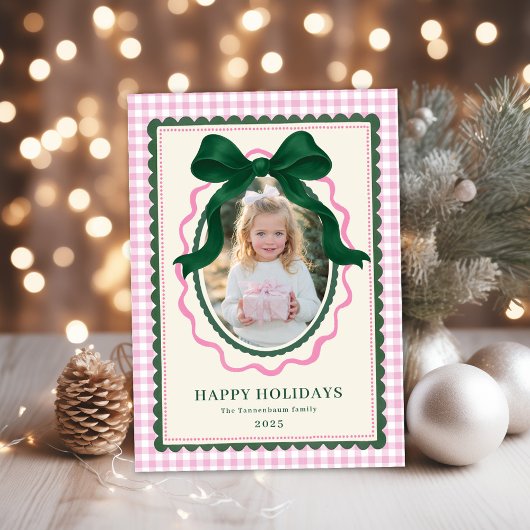 Vintage Green Bow Pink Plaid Christmas Photo シーズンカード