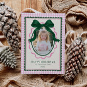 Vintage Green Bow Pink Plaid Christmas Photo シーズンカード