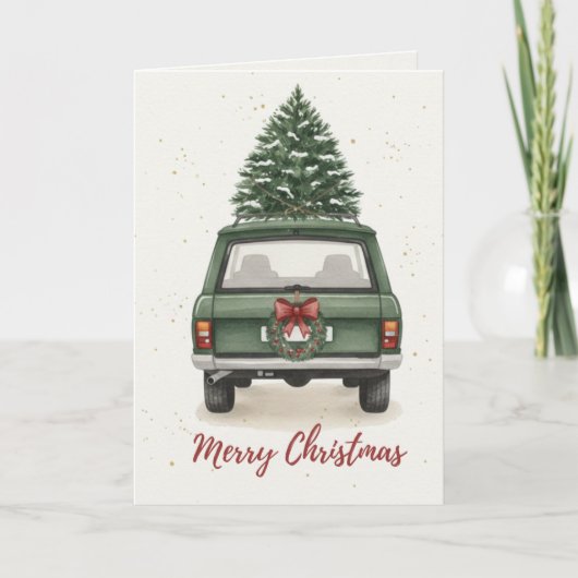 Vintage Green Car with Christmas Tree Card カード (正面)