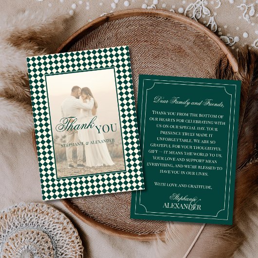 Vintage Green Checkered Old Money Photo Wedding サンキューカード