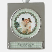 Vintage Green Plaid Photo Christmas シルバープレートバナーオーナメント (正面)