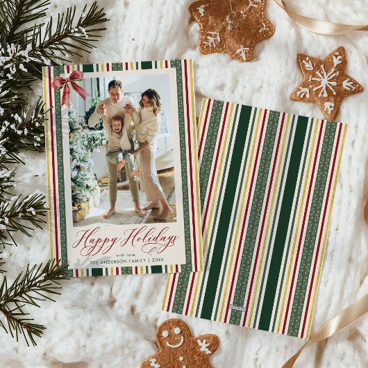 Vintage Green Stripes & Bow Happy Holidays Photo シーズンカード