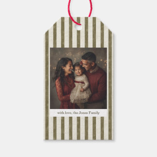 Vintage Green Stripes Christmas Photo Gift Tag ギフトタグ