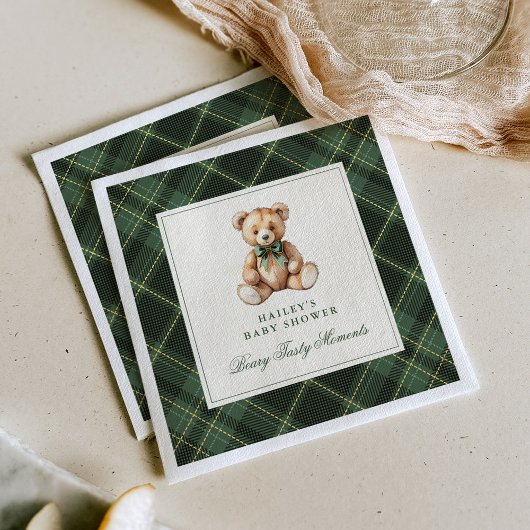 Vintage Green Tartan Teddy Bear Baby Shower スタンダードカクテルナプキン