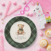 Vintage Green Tartan Teddy Bear Baby Shower ペーパープレート (パーティー)
