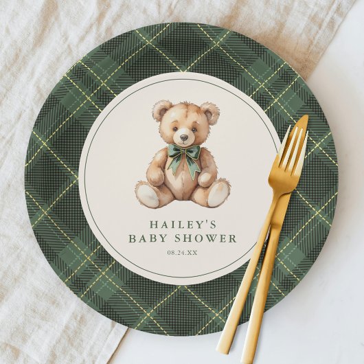 Vintage Green Tartan Teddy Bear Baby Shower ペーパープレート