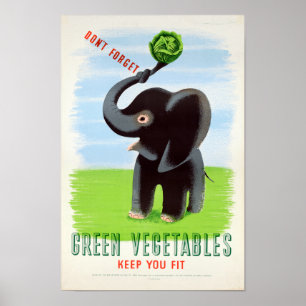 Vintage Green Vegetables Health Elephant ポスター
